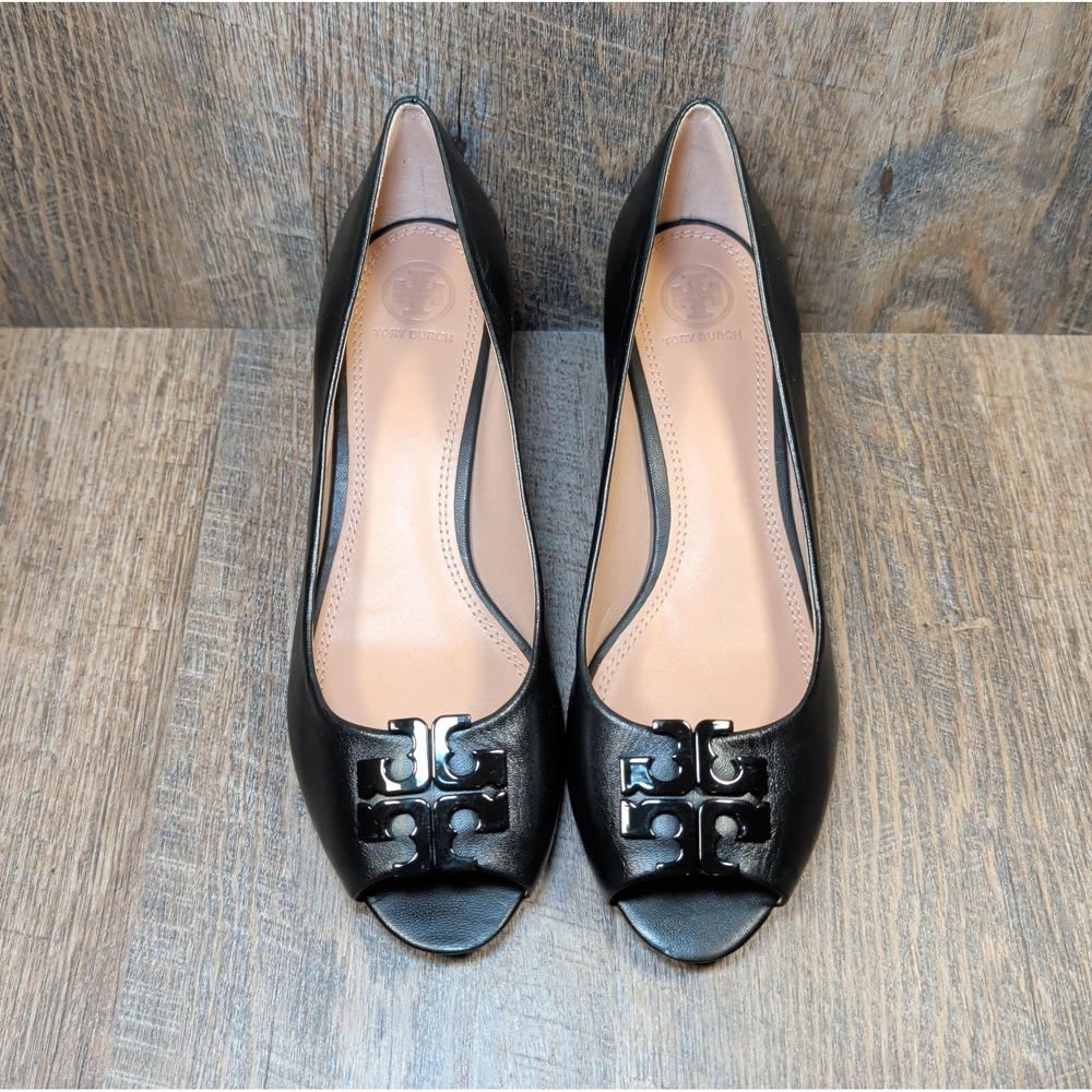 Tory Burch Lowell Peep-Toe Wedge Pumps Heels Black Leather Womens Size 9 M - Picture 4 of 12
